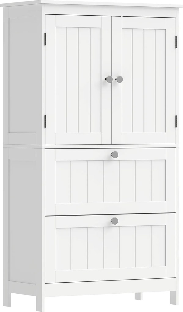 HOMCOM Armário de banheiro com 2 gavetas, autoportante, com prateleira ajustável e portas com acabamento lamelado, Branco | Aosom Portugal