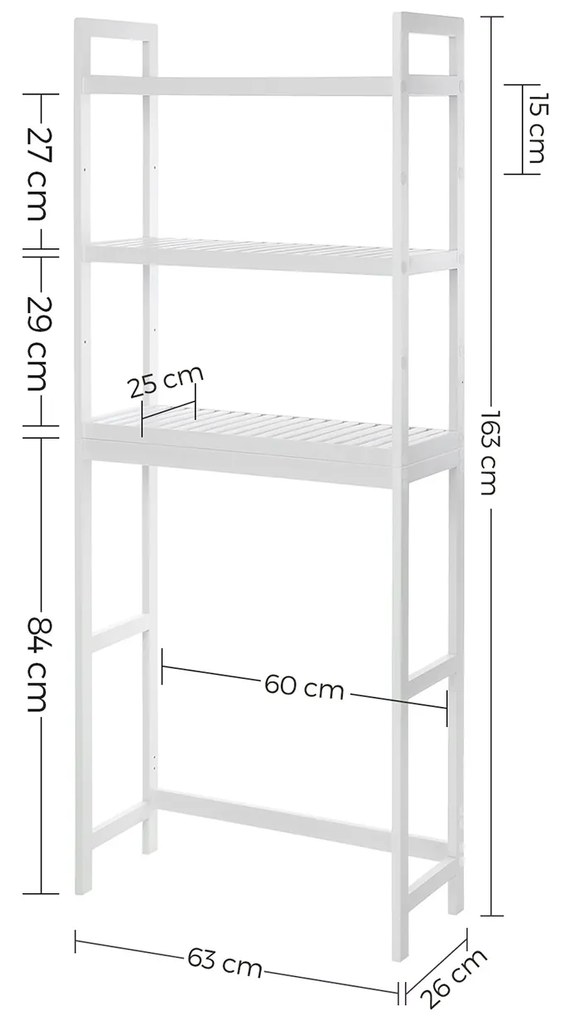 Prateleira casa de banho para sanita com 3 prateleiras 63 x 26 x 163 cm Branco