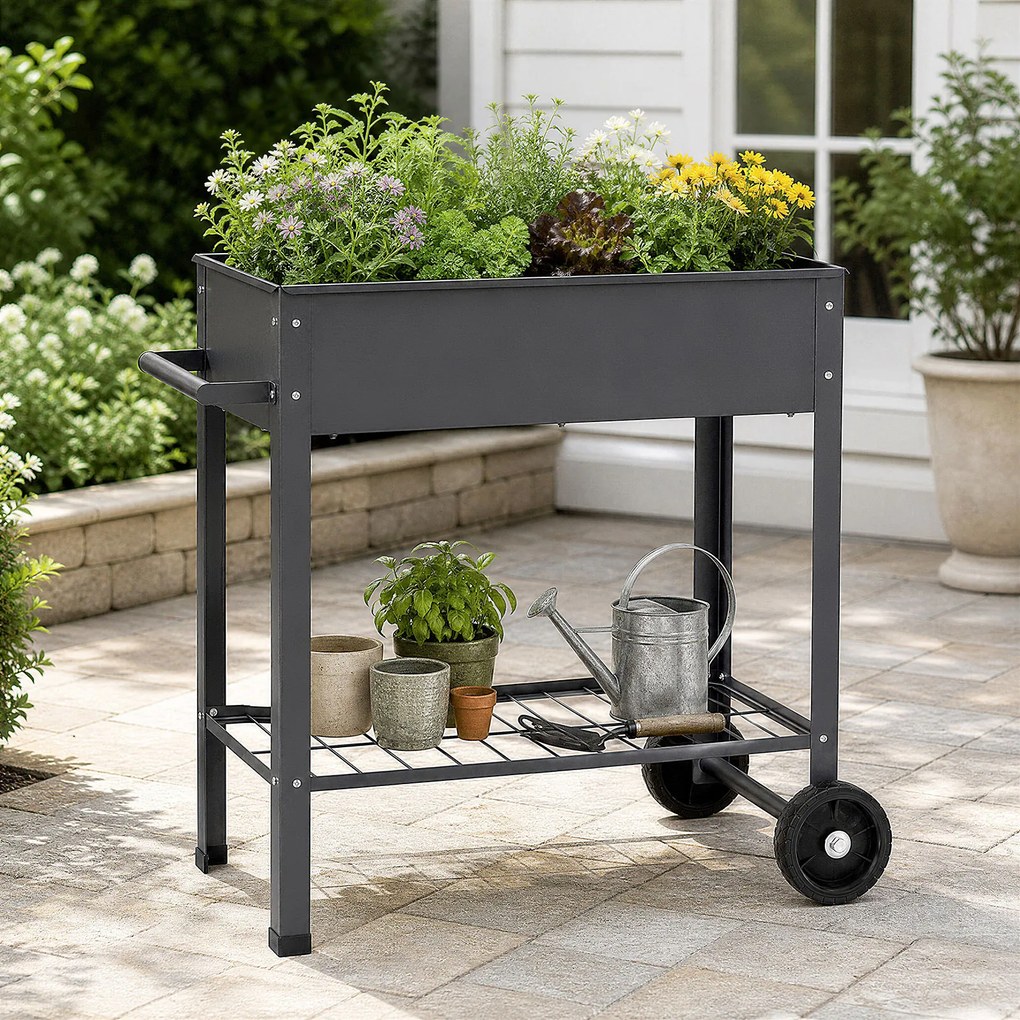 Floreira Elevada para Horta, 88 x 37 x 80 cm, com Rodas, Cinzento