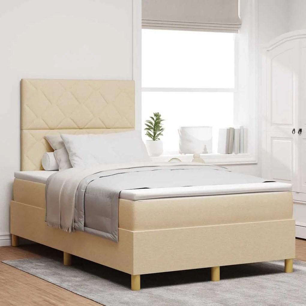 Cama Box Spring com Colchão Creme Pequena Cama de Tecido