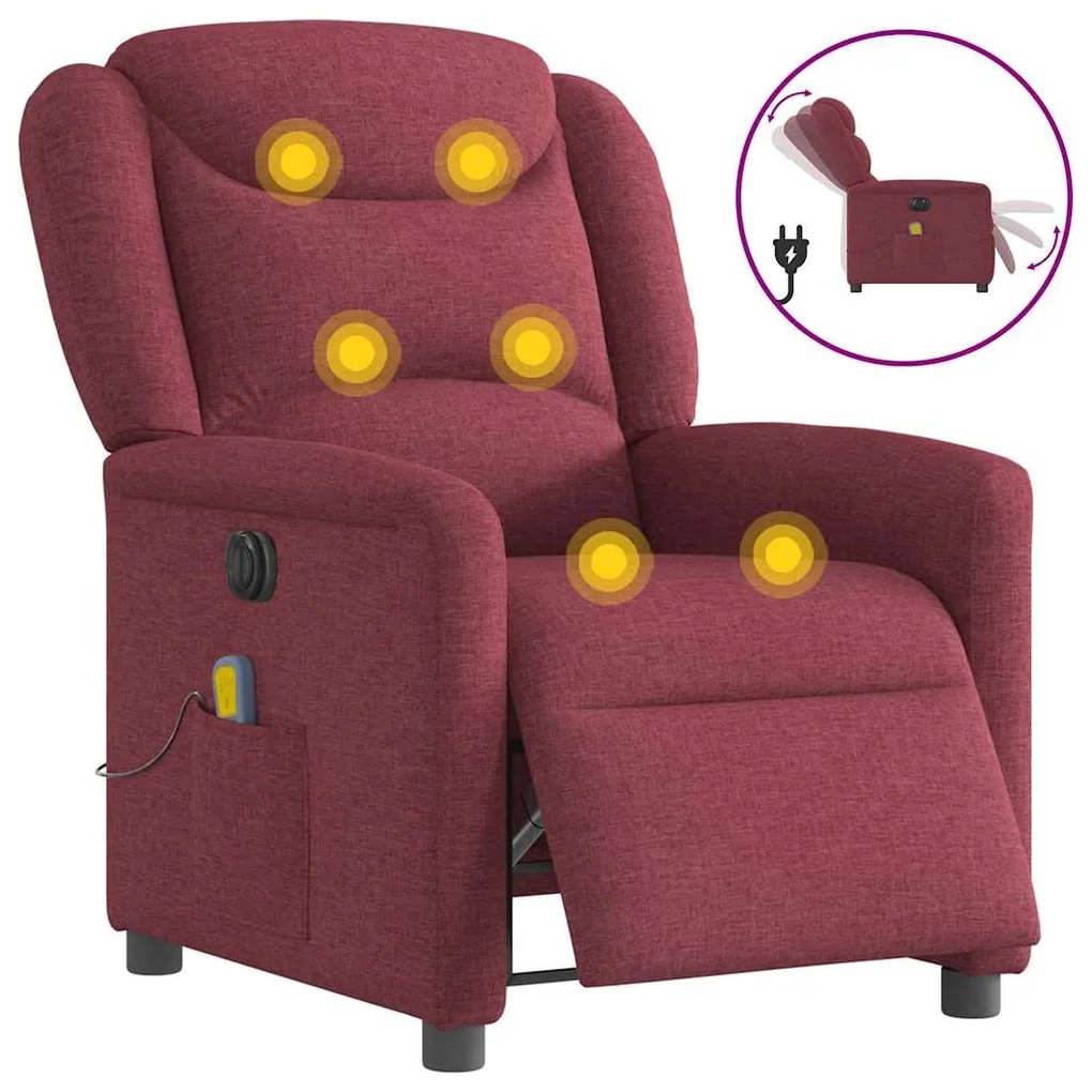 vidaXL Poltrona reclinável de massagens elétrica tecido vermelho tinto