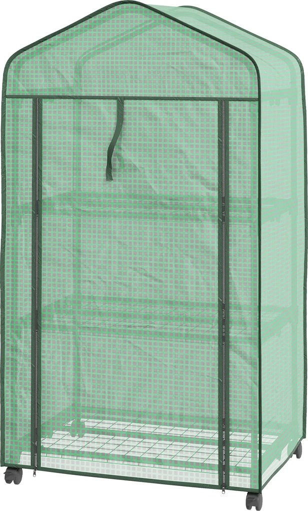 Mini estufa de jardim com 3 prateleiras 69 C x 49 L x 130 A cm, lona de PE de alta densidade, porta enrolável, 4 rodas Verde