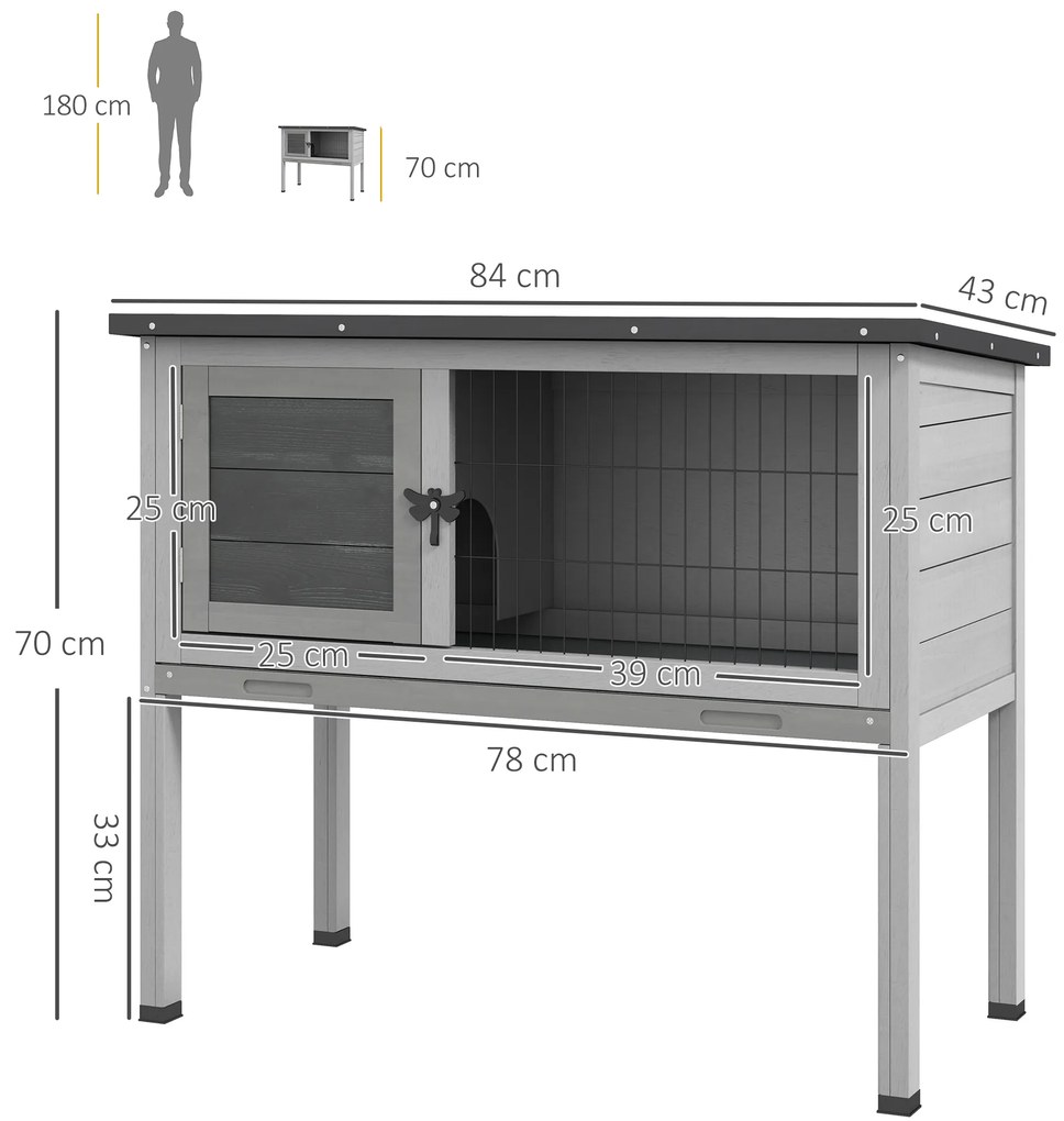 Coelheira de Madeira para Animais Pequenos com Bandeja Amovível e Teto Asfáltico 84x43x70 cm Cinza e Preto