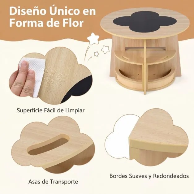 Conjunto de mesa e cadeiras para crianças de 5 peças: mesa redonda empilhável para crianças com bancos para atividades, economiza espaço, estilo natur