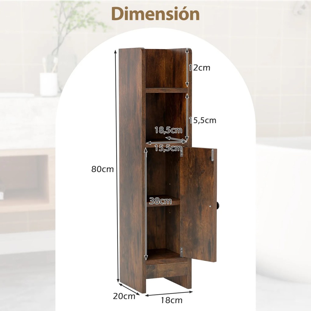 Conjunto de 2 armários de casa de banho 20 cm x 18 cm x 80 cm com porta e estantes ajustáveis, suporte para papel higiénico e organizador para casa de