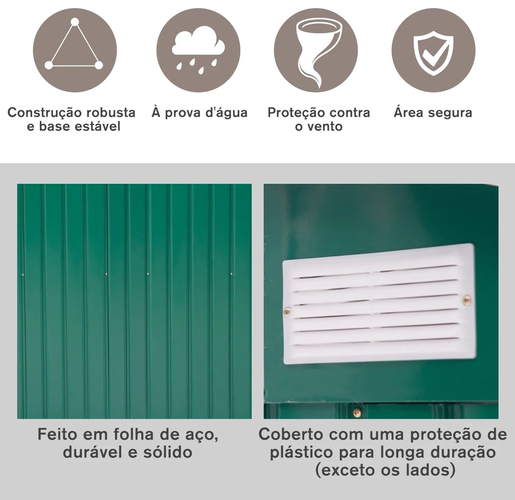 Abrigo de jardim Exterior de Aço com porta deslizante grande espaço de armazenamento 213x127x185 cm Verde