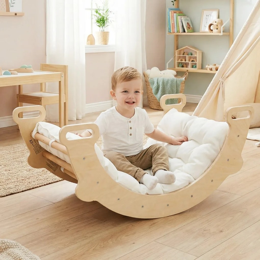 Arco de escalada infantil com almofada Escada Montessori 3 em 1 para trepar madeira para crianças Ginásio de escalada natural