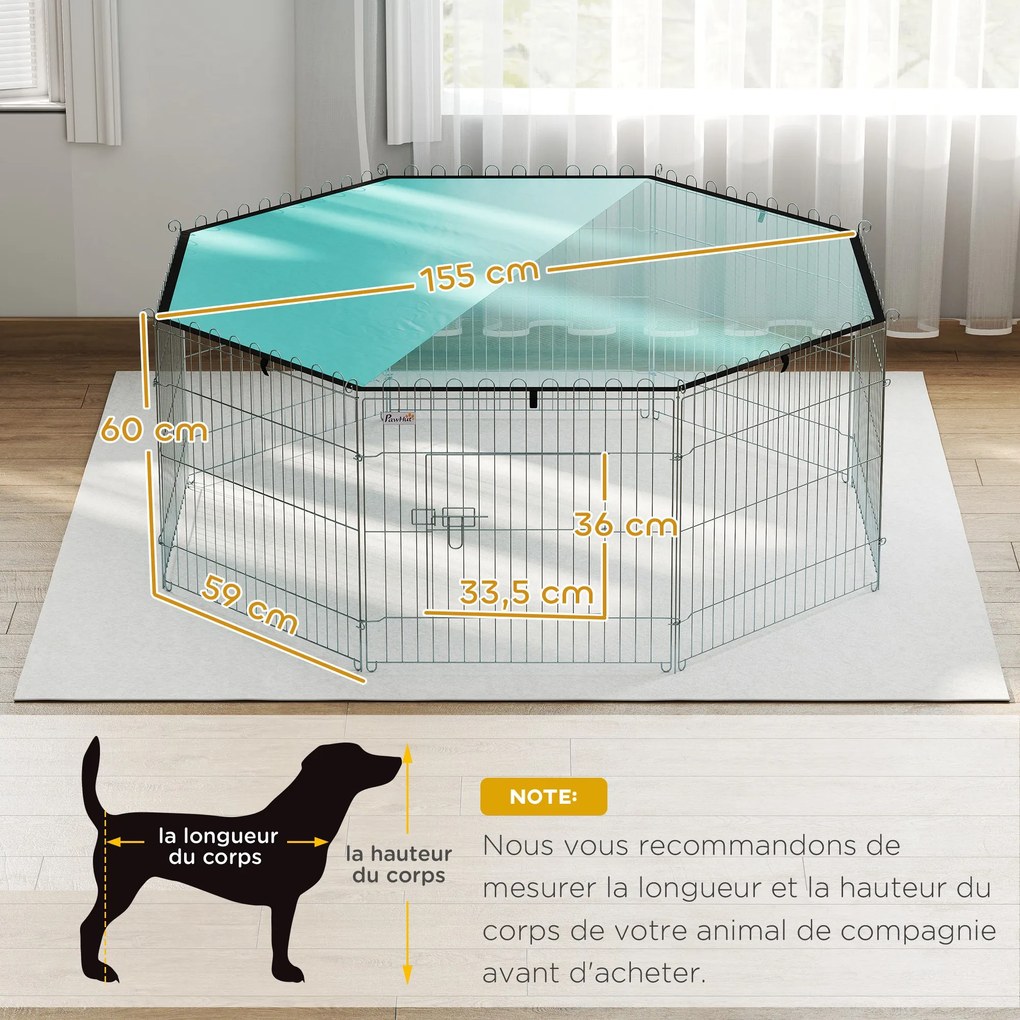 Parque para cães com 60 cm de altura, com 8 painéis e cobertura, modular e dobrável, recinto portátil e porta verde e prateada