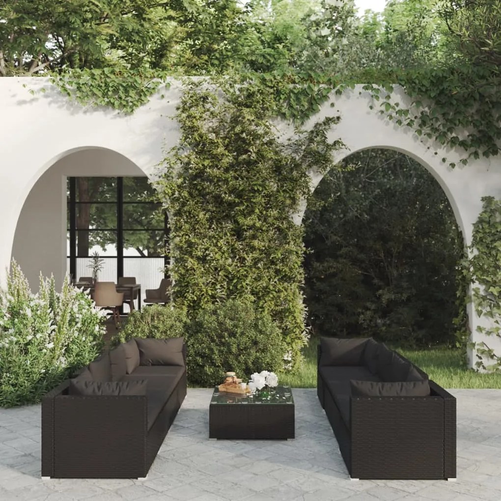 vidaXL 9 pcs conjunto lounge de jardim c/ almofadões vime PE preto