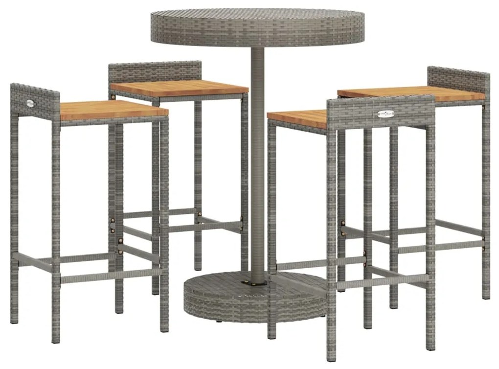 5 pcs conjunto de bar p/ jardim vime PE/acácia maciça cinzento