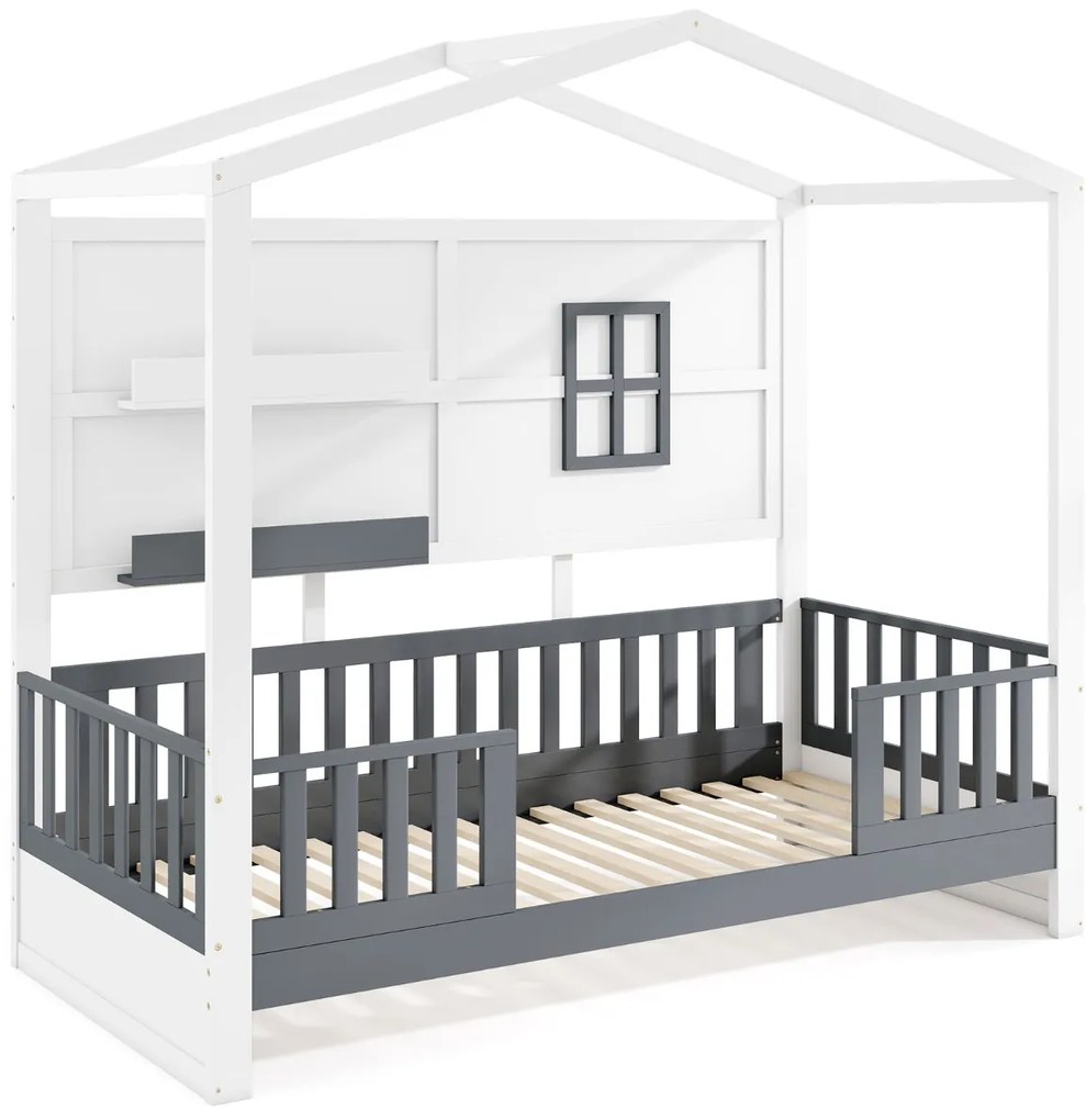 Estrutura cama de criança com prateleiras Grades para janelas e vedação Ripas de madeira 206 x 97 x 192 cm Branco e cinzento