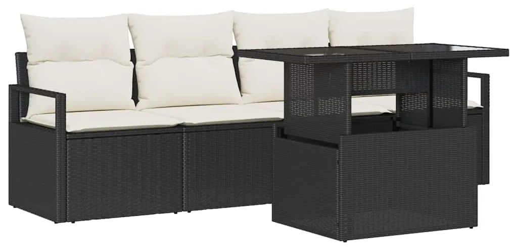 Conjunto de Sofá de Jardim de 5 Peças com Almofadas Preto Vime Poliést