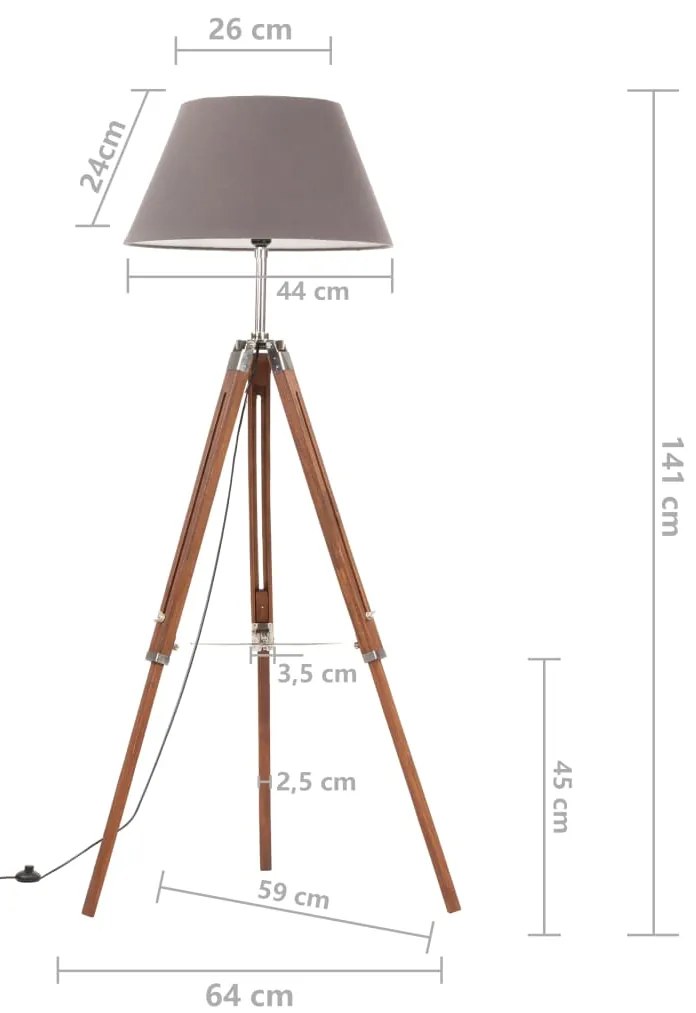 Candeeiro de chão tripé 141 cm teca maciça castanho mel/cinza