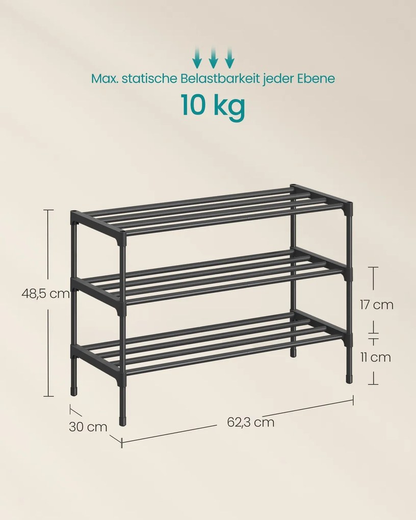 Sapateira em metal 3 níveis 62,3 x 30 x 55 cm, empilhável preta