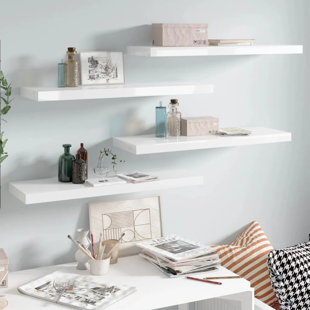 323753 vidaXL Prateleiras de parede suspensas 4 pcs 80x23,5x3,8cm MDF branco
