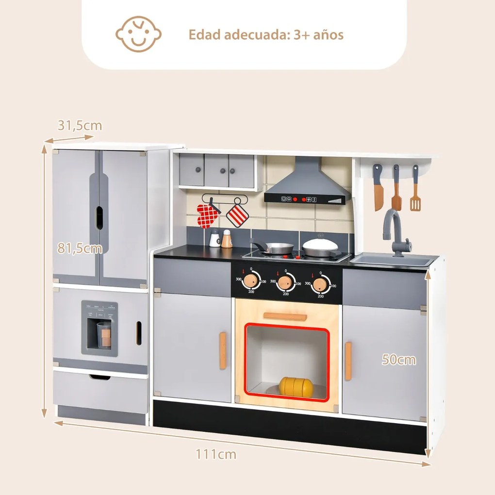 Cozinha de Brincar para crianças conjunto de cozinha de madeira com exaustor geladeira fogões simulado conjunto de cozinha para 3 + anos