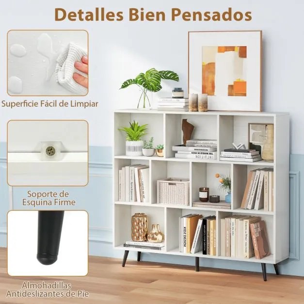 Estante de 3 níveis com 10 cubos, 4 pés de metal e dispositivo anti-capotamento para sala de estar ou escritório 120 x 24 x 107 cm branco