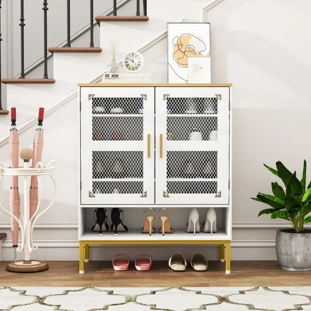 Sapateira com 5 níveis e portas de malha 70 x 35 x 93 cm Organizador moderno para sapatos em madeira com prateleiras ajustáveis e pés brancos