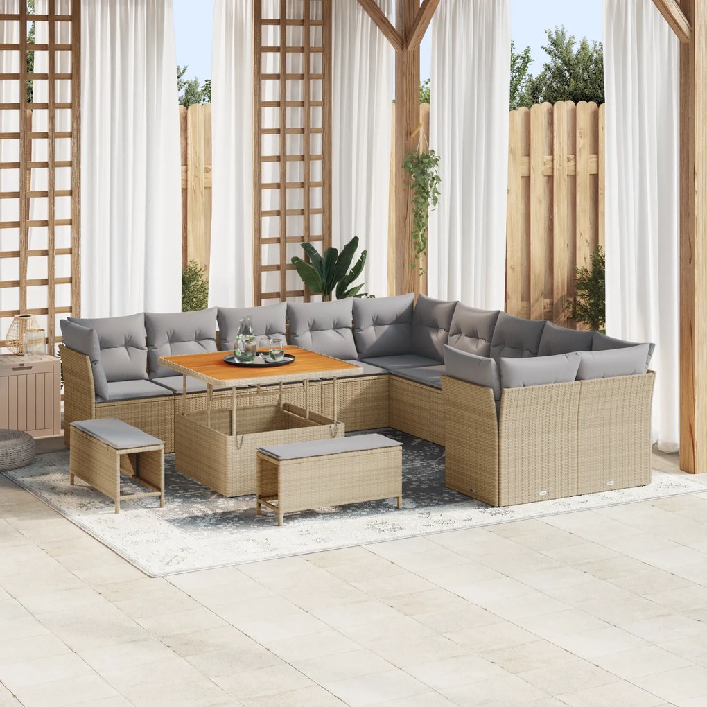 Conjunto de Sofá de Jardim vidaXL de 13 Peças com Almofadas Bege Ratan