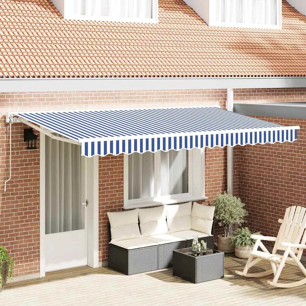 vidaXL Toldo Retrátil Azul e Branco 400 x 200 cm Poliéster e Metal