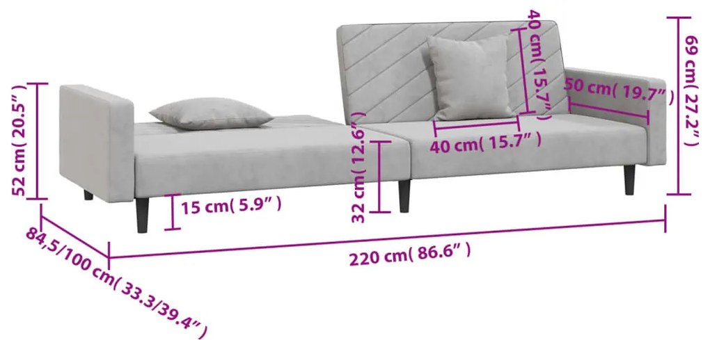 Sofá-cama 2 lugares com duas almofadas veludo cinzento-claro