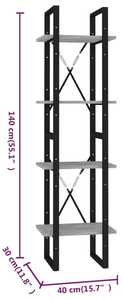 Estante c/ 4 prateleiras 40x30x140cm contrapl. cinzento-cimento