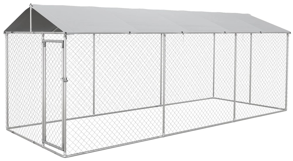 Canil de Exterior para Cães Parque para Cães com 1 Porta Estrutura de Aço Toldo Impermeável e Anti-UV 600x230x230 cm Prateado