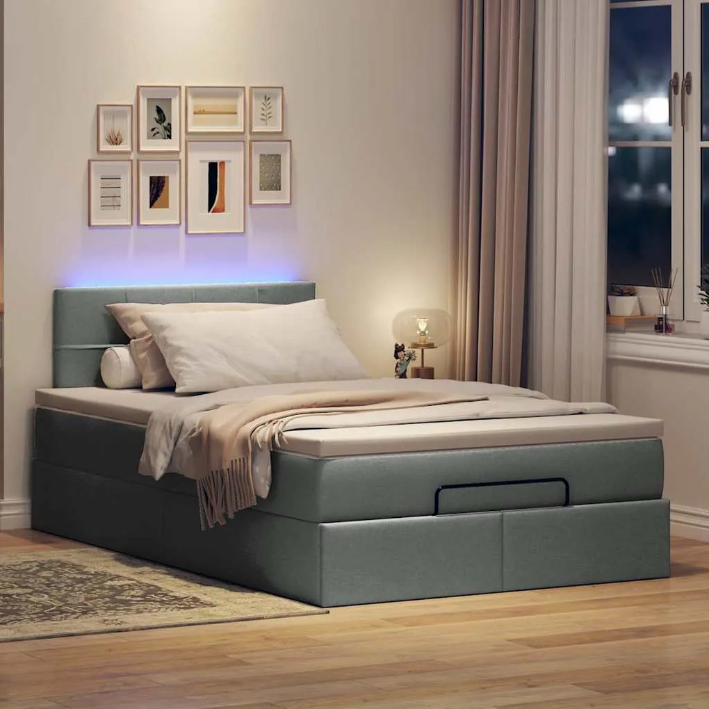 Cama otomana com colchão&LEDs 120x200 cm tecido cinzento escuro