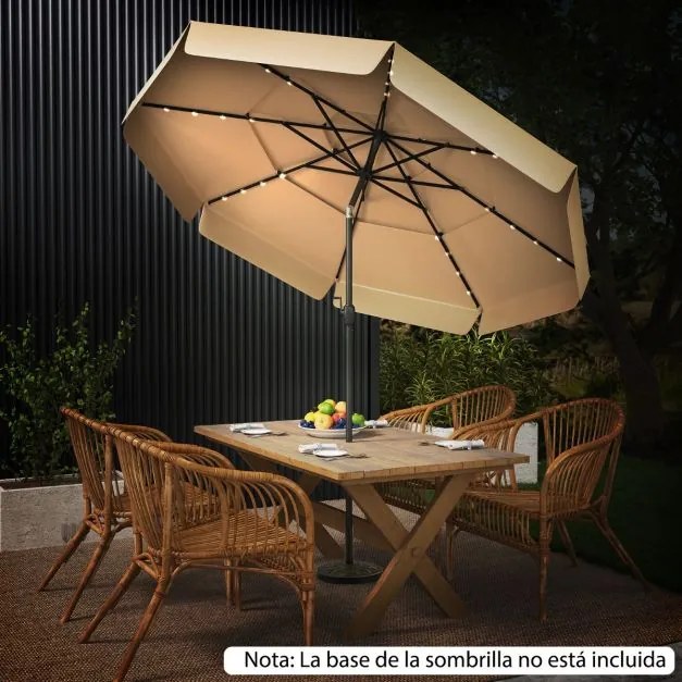 Guarda-sol solar de 300 cm com 32 luzes LED, parte superior ventilada com 3 níveis e ajuste de inclinação - bege
