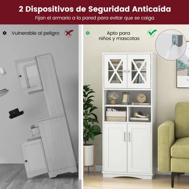 Armário multifuncional de casa de banho ou cozinha 60 x 30 x 145 cm com portas e 3 cubos e com estantes ajustáveis Branco