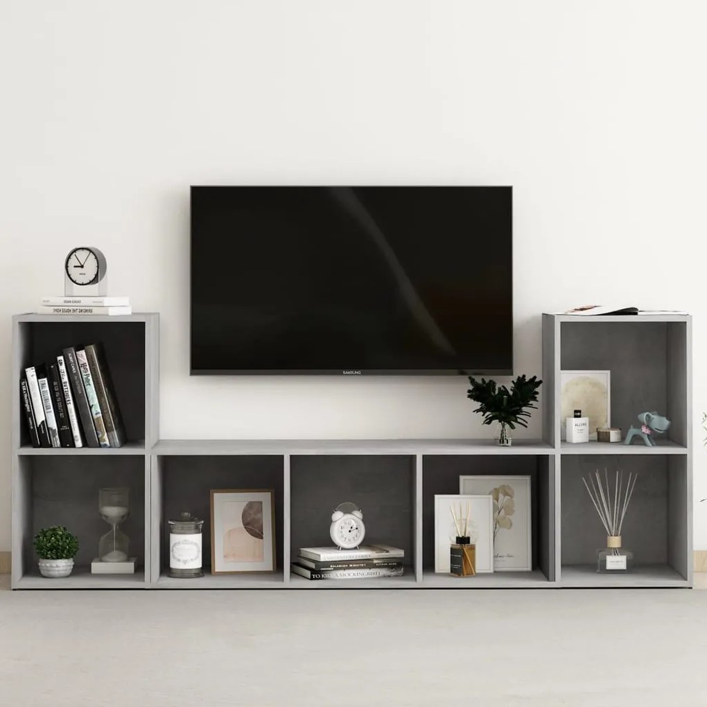 3 pcs conjunto de móveis de TV contraplacado cinzento cimento