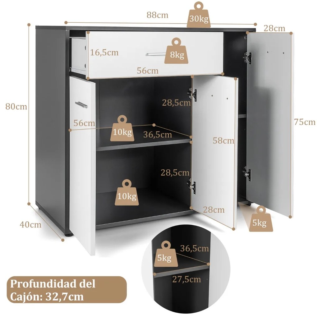 Aparador moderno de chão com 3 portas, dispositivo anti-queda e Estante ajustável para cozinha, sala de jantar, hall de entrada 88 x 40 x 80 cm Preto