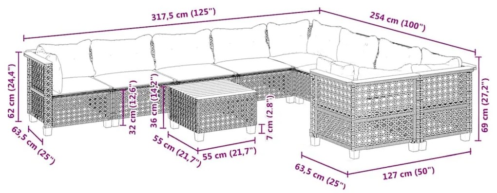10 pcs conjunto de sofás p/ jardim com almofadões vime PE bege