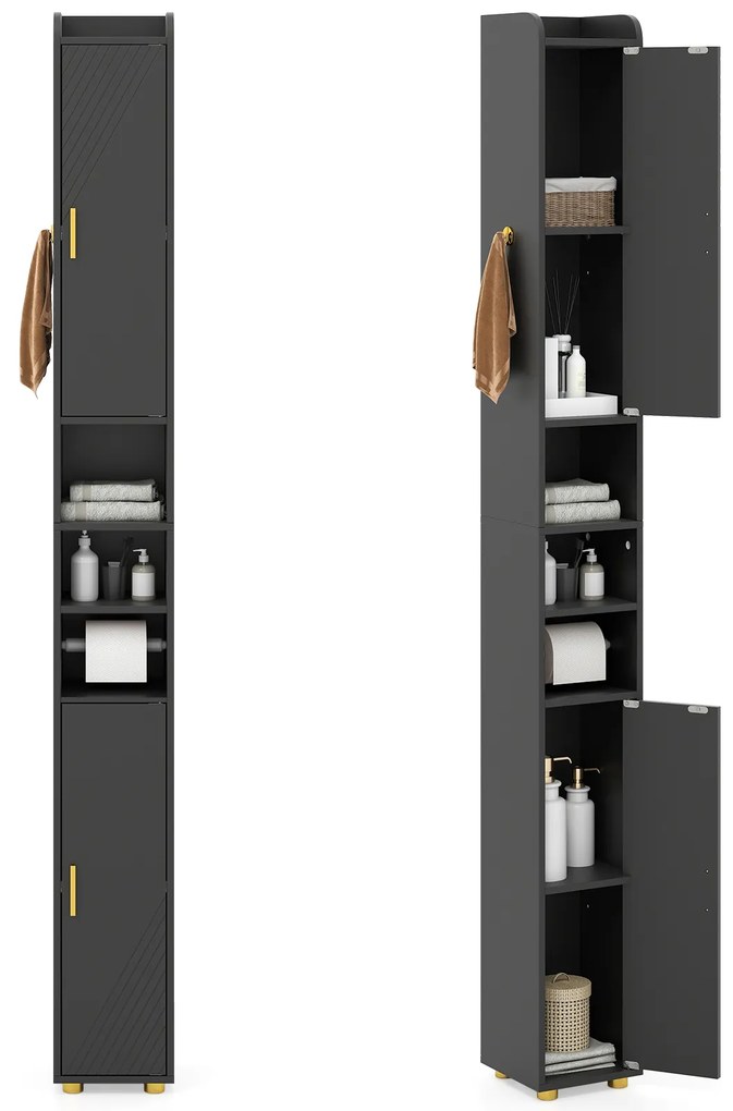 Armário de banheiro alto e estreito, organizador com 2 portas e prateleiras ajustáveis, suporte para papel higiênico e gancho lateral, cinza