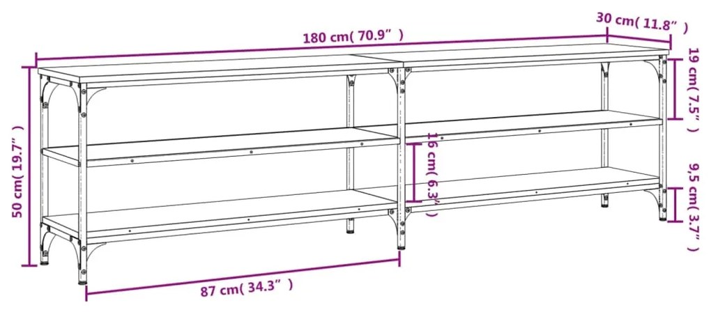 Móvel de TV 180x30x50cm derivados madeira/metal carvalho sonoma