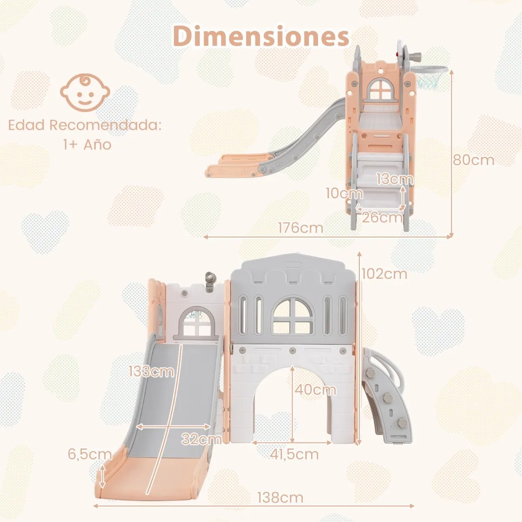 Escorrega infantil 9 em 1 com cesto de basquetebol, telescópio, ponte suspensa e túnel para 1+ anos 176 x 138 x 80 cm rosa