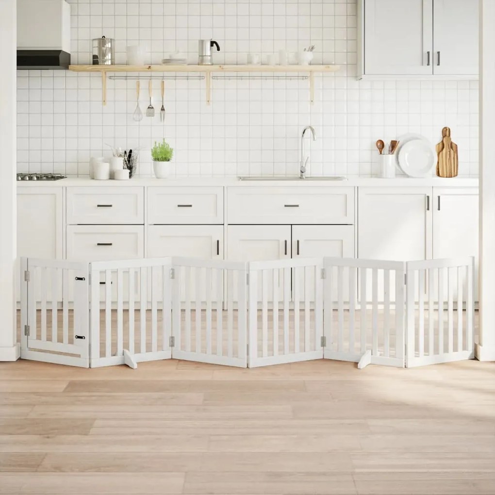 vidaXL Portão p/ cães com porta dobrável 6 painéis 300 cm álamo branco