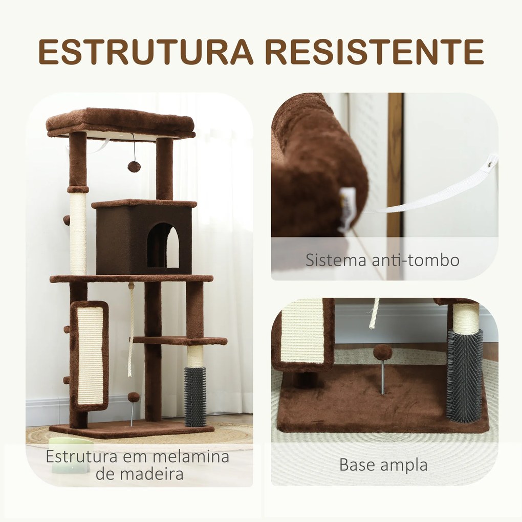 Arranhador para Gatos Grande Altura 132 cm com Plataformas Postes com Escova Bolas Suspensas e Almofadas para Arranhar Castanho