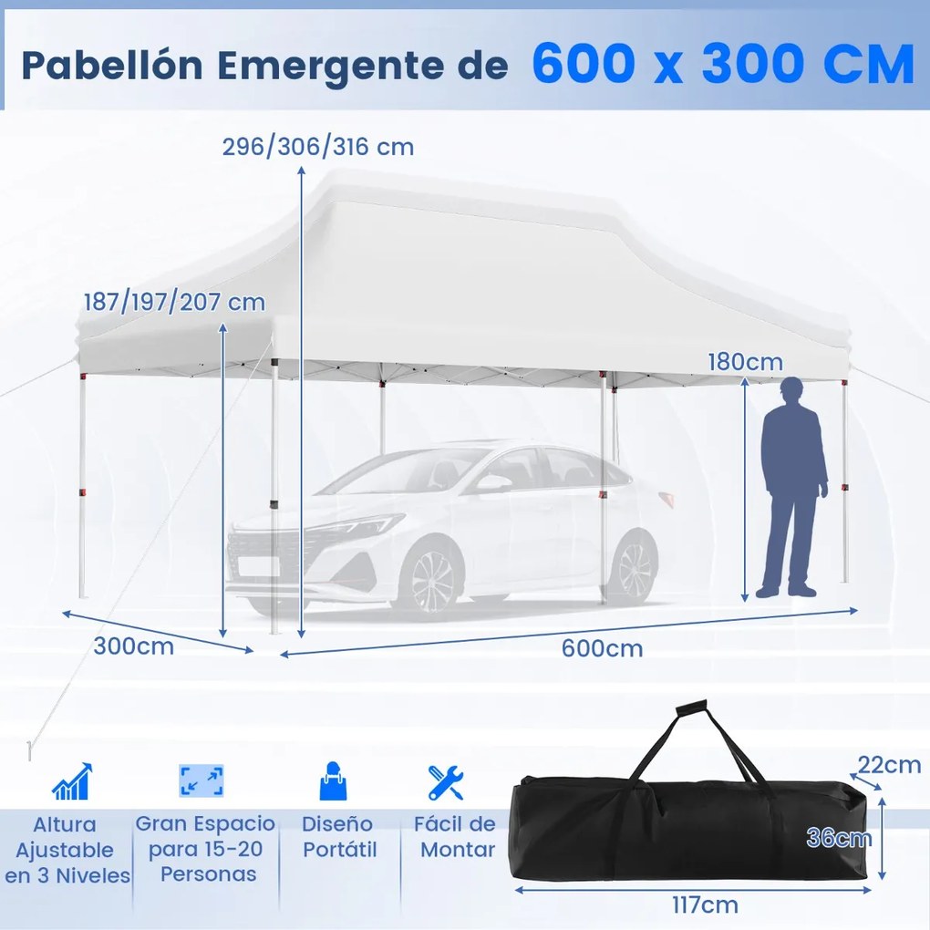 Tenda para festas, eventos jardim dobrável impermeável de 3 x 6 m com bolsa de transporte Proteção solar Tenda resistente Branca