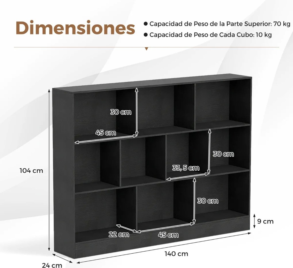 Estante com 10 cubos com armazenamento 140 x 24 x 104 cm com 3 níveis para sala de estar Quarto Preto