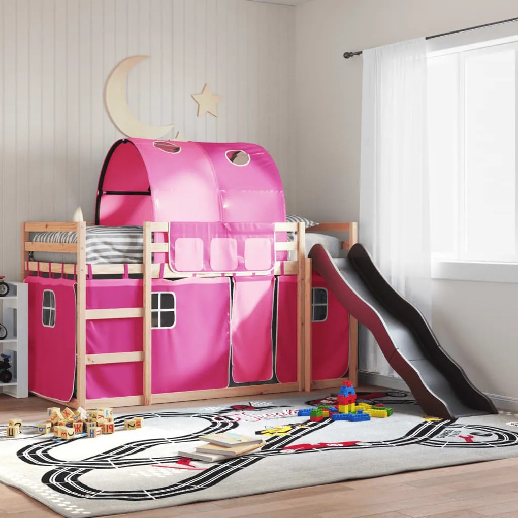 vidaXL Beliche com escorrega e cortinas 90x200 cm rosa