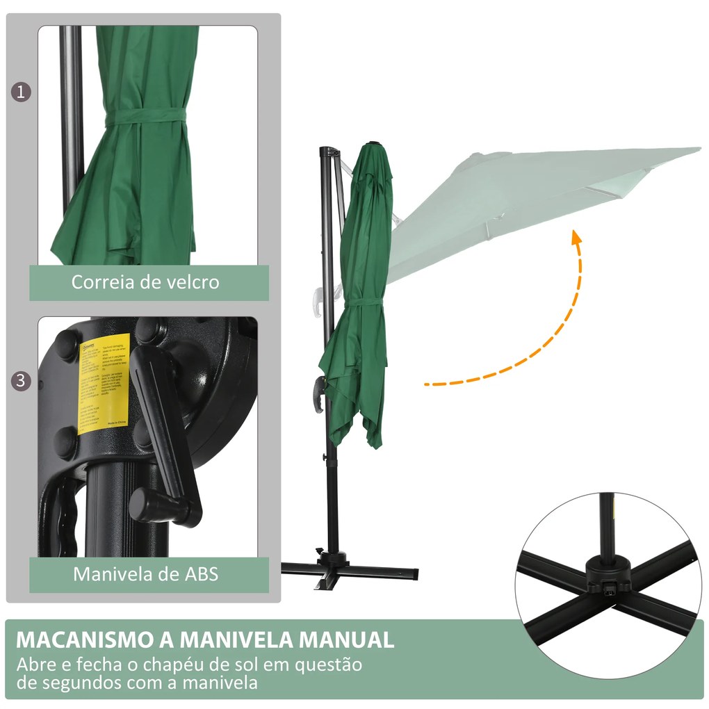 Chapéu de Sol de Jardim Chapéu de Sol Excêntrico com Rotação 360° Inclinação de 5 Níveis com Manivela 245x245x245 cm Verde