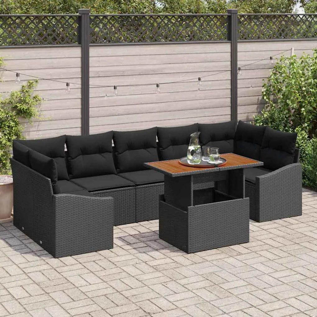 vidaXL Conjunto de Jantar de Jardim com 8 Peças e Almofadas em Rattan Sintético Preto e Acácia