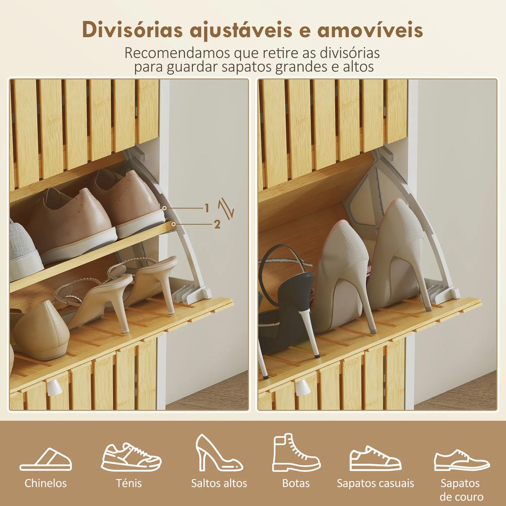 Sapateira Estreita com 3 Portas de Bambu Prateleiras Ajustáveis para 18 Pares de Sapatos 60x24x118 cm Branco e Madeira
