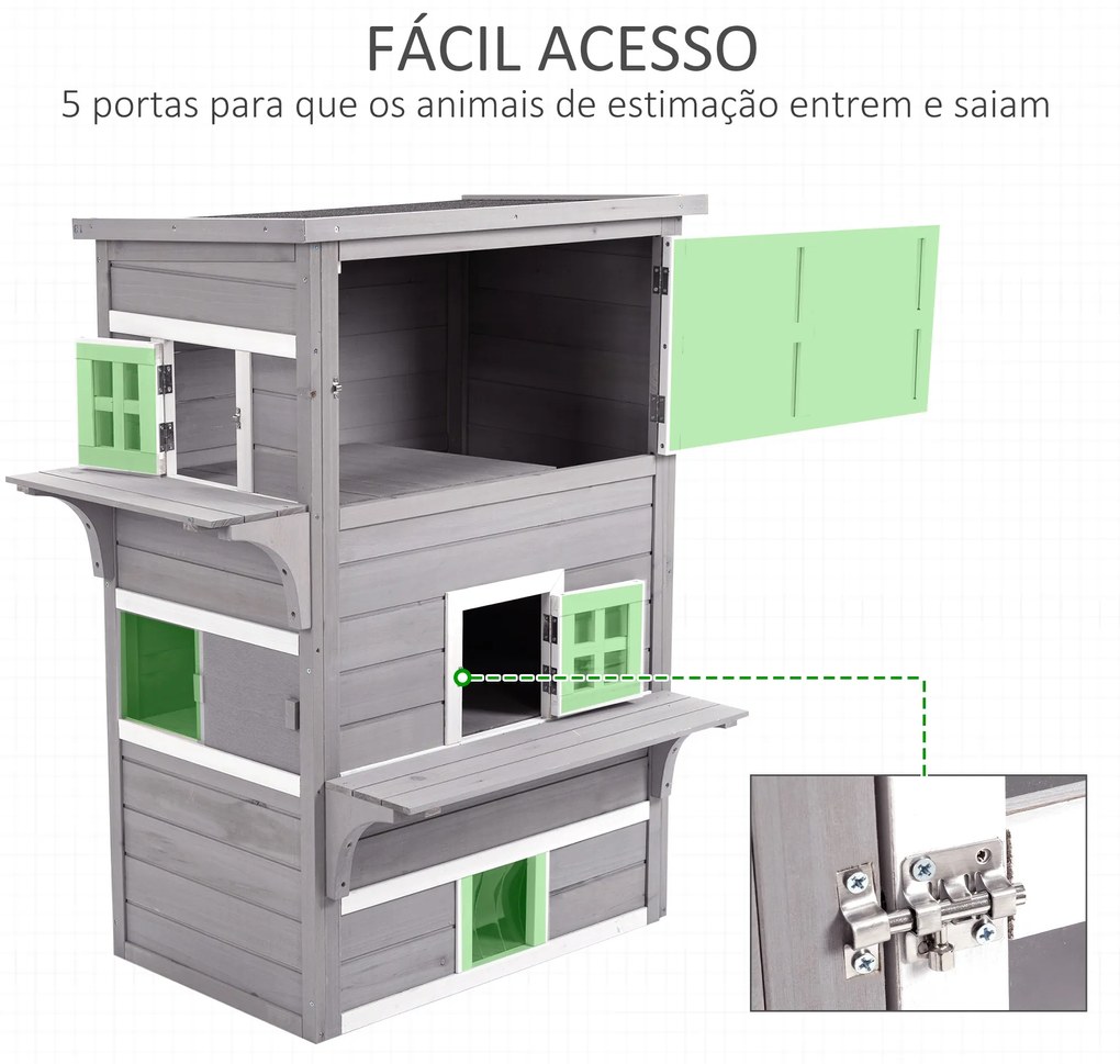 PawHut Casa para Gatos de Madeira Exterior Casa Grande para Gatos de 3 Andares com Múltiplas Entradas Janelas e 2 Plataformas para Terraço Balcão Jardim 98x68,5x122cm Cinza