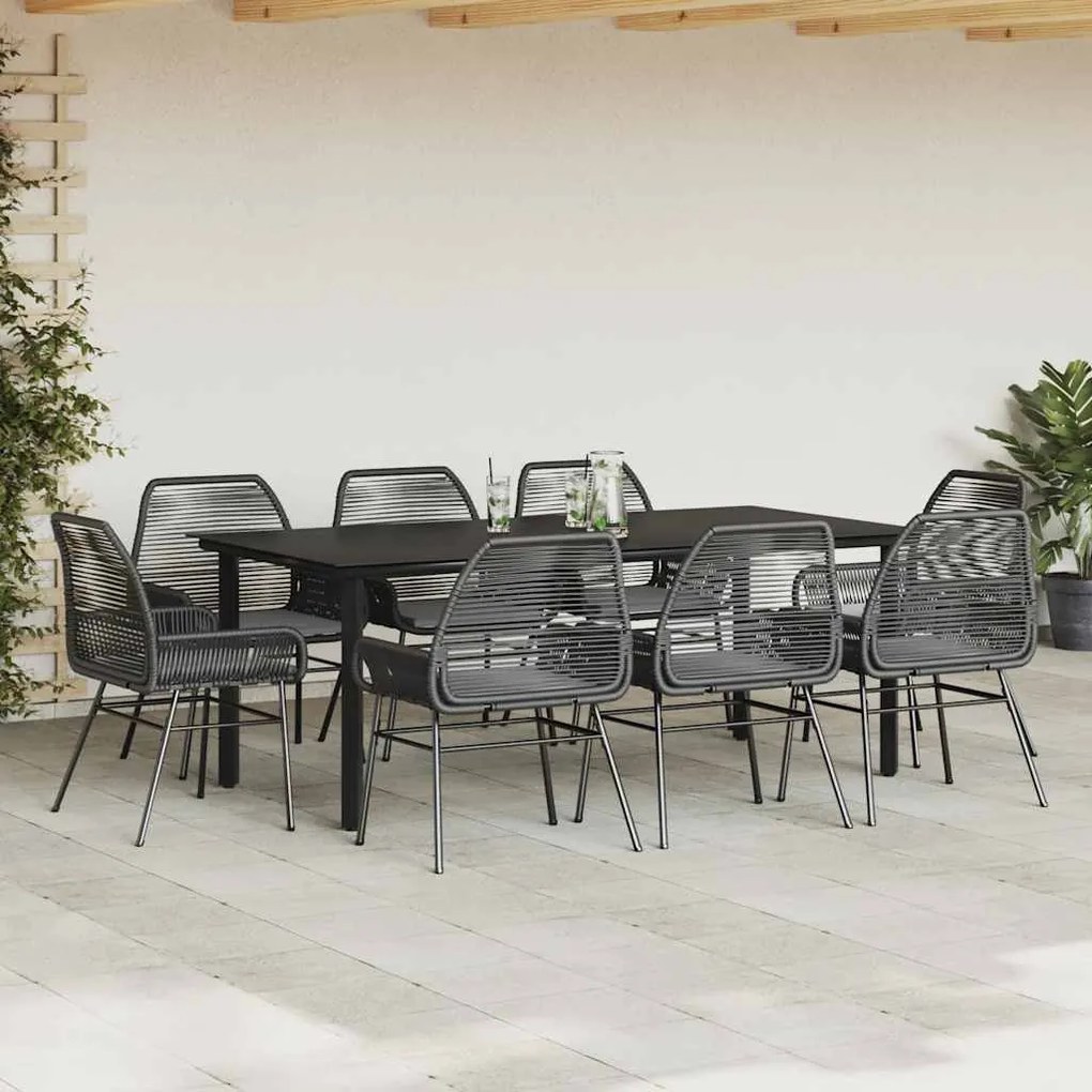 Conjunto de jantar jardim 9 peças almofadas vidro vime PE preto