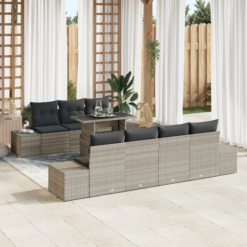 Conjunto de Sofá de Jardim 8 Peças com Almofadas Cinza Claro Rattan Po