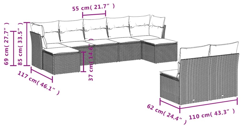 9 pcs conjunto sofás p/ jardim com almofadões vime PE cinzento