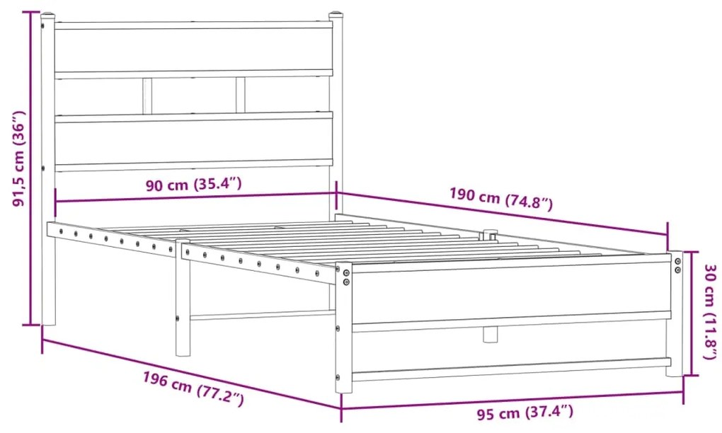 Estrutura de cama sem colchão 90x190 cm metal carvalho fumado