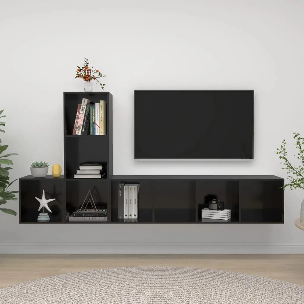 vidaXL 3 pcs conjunto de móveis de TV contraplacado preto brilhante
